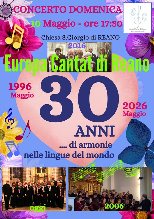 10-Maggio Concerto Europa Cantat di Reano per celebrare il 30°anno di fondazione