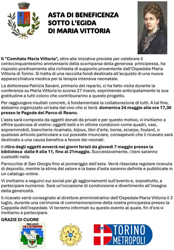 24-Maggio ore 17:30 presso le Pagode Parco Reano 
ASTA DI BENEFICENZA SOTTO L’EGIDA DI MARIA VITTORIA 